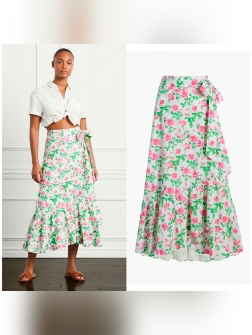 Hill House Mirabel Midi Wrap Skirt Pink Roses